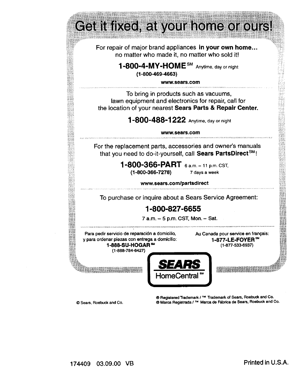 Get it fixed, at your home or ours, 800-4-my-home, Homecentral | Craftsman 917.388410 User Manual | Page 24 / 24