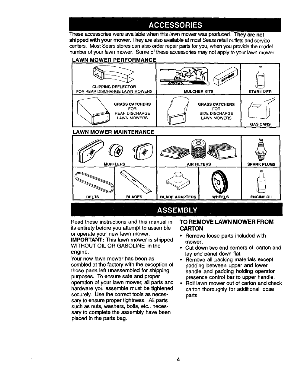 Accessories, Assembly, To remove lawn mower from carton | Craftsman 917.388410 User Manual | Page 4 / 24