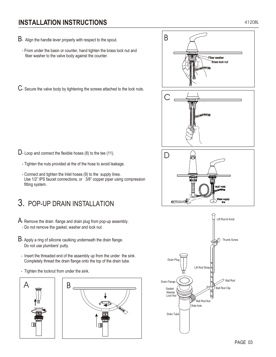 Bc d a b, Pop-up drain installation a, Installation instructions | Santec 4120BL User Manual | Page 3 / 4