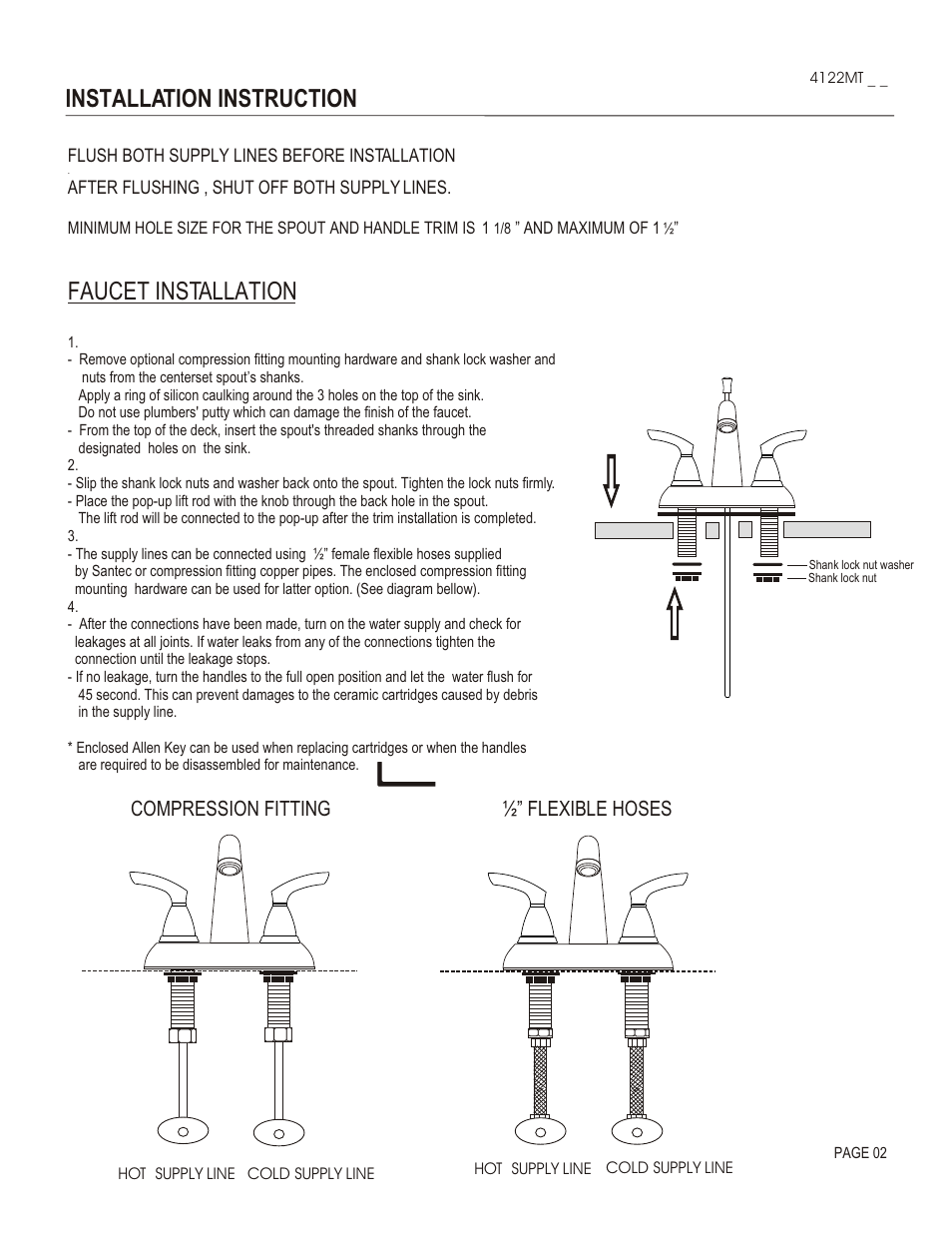Installation instruction, Faucet installation, Compression fitting ½” flexible hoses | Santec 4122MT User Manual | Page 2 / 4