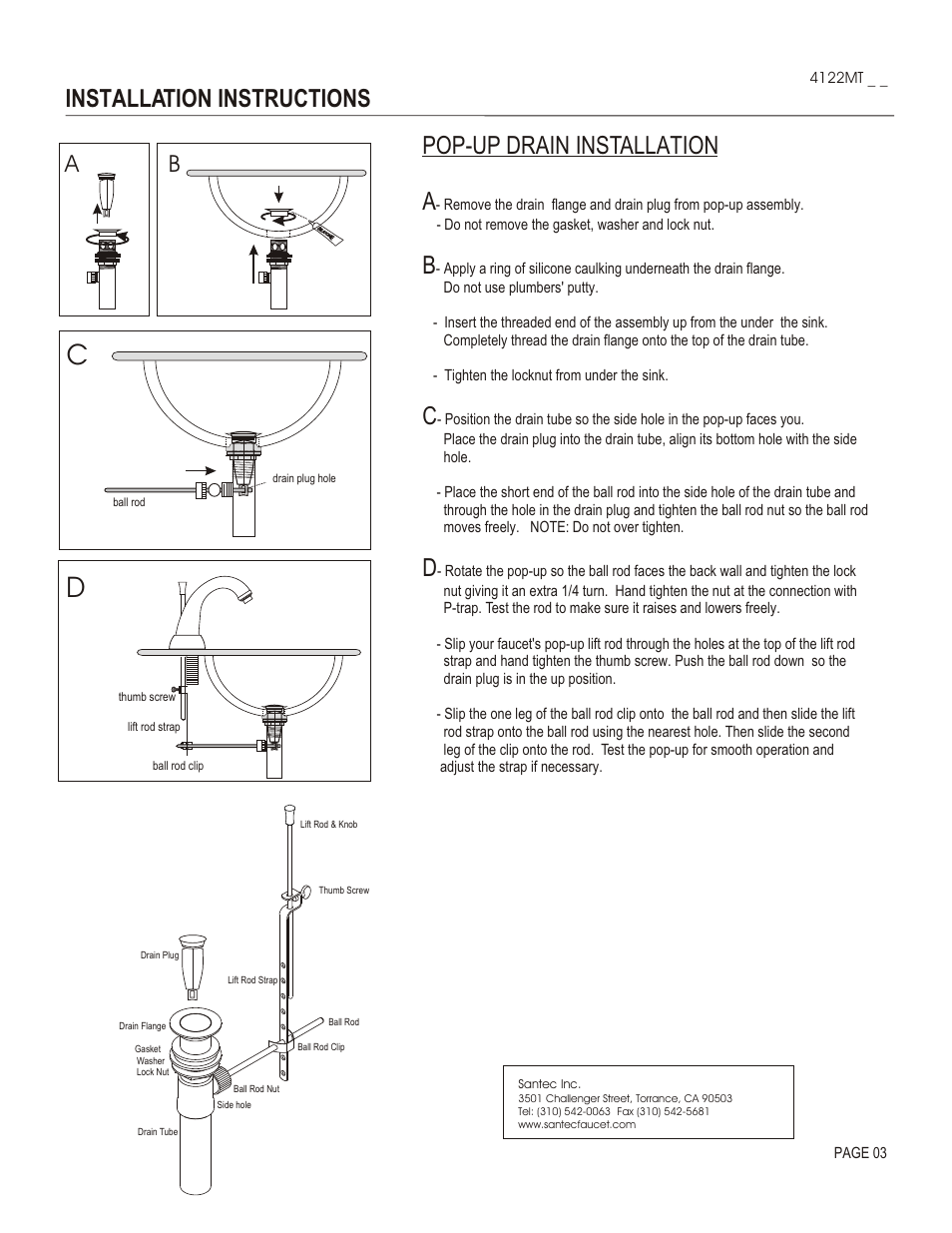 Installation instructions, Pop-up drain installation a | Santec 4122MT User Manual | Page 3 / 4