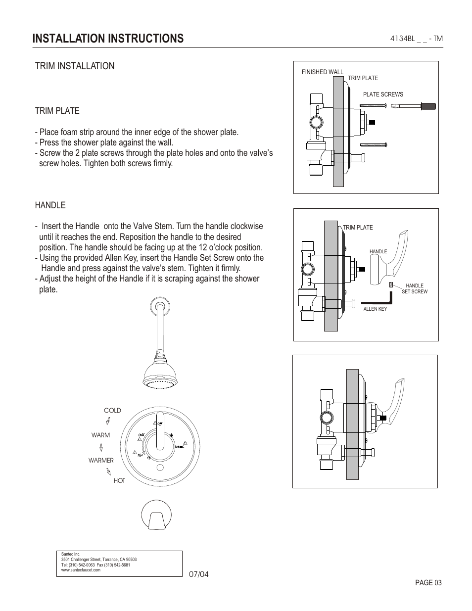 Installation instructions, Trim installation | Santec 4134BL User Manual | Page 3 / 4