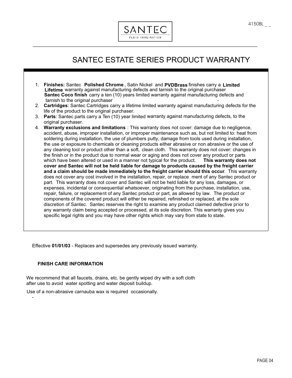 Santec estate series product warranty | Santec 4150BL-1 User Manual | Page 4 / 4