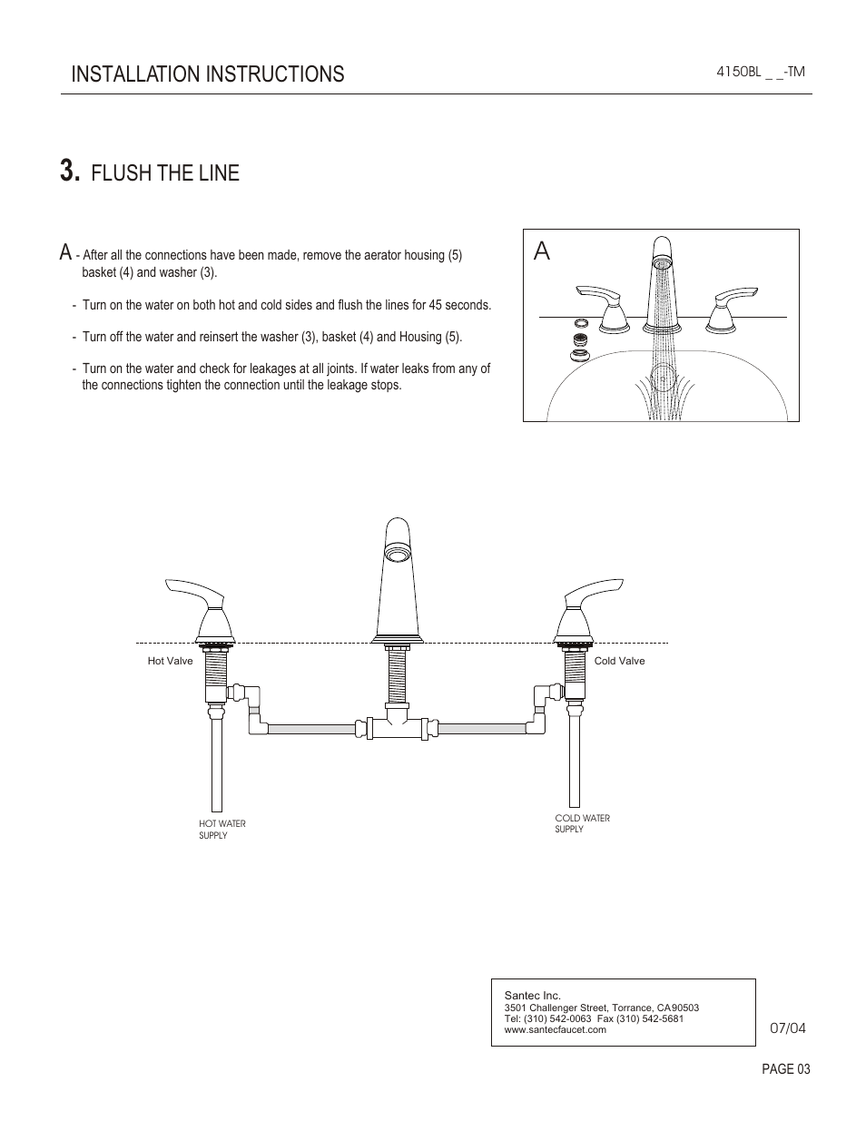 Installation instructions, Flush the line a | Santec 4150BL-TM User Manual | Page 3 / 4