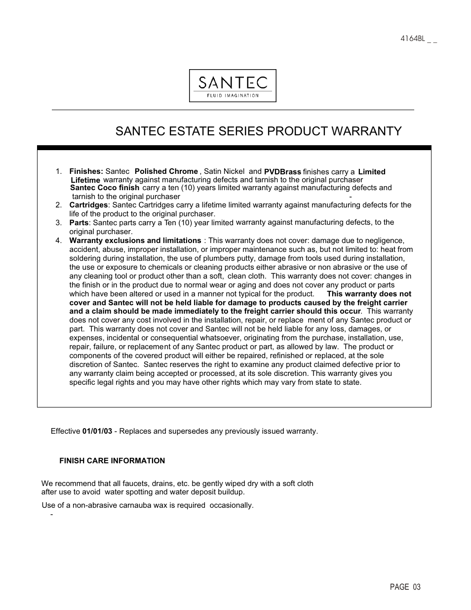 Santec estate series product warranty | Santec 4164BL User Manual | Page 3 / 3