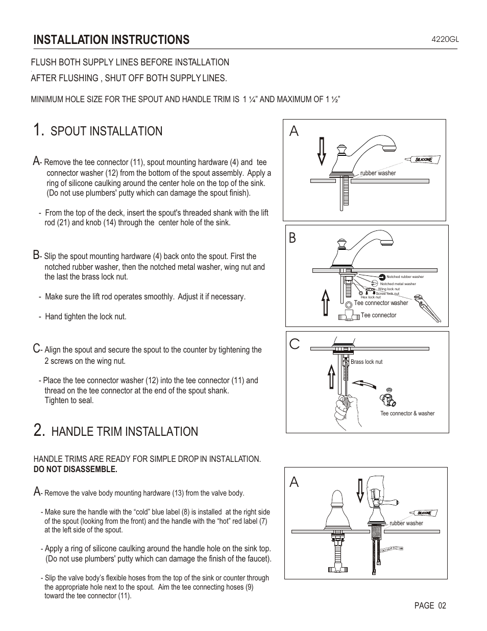 Ba a, Installation instructions, Spout installation a | Handle trim installation | Santec 4220GL User Manual | Page 2 / 4