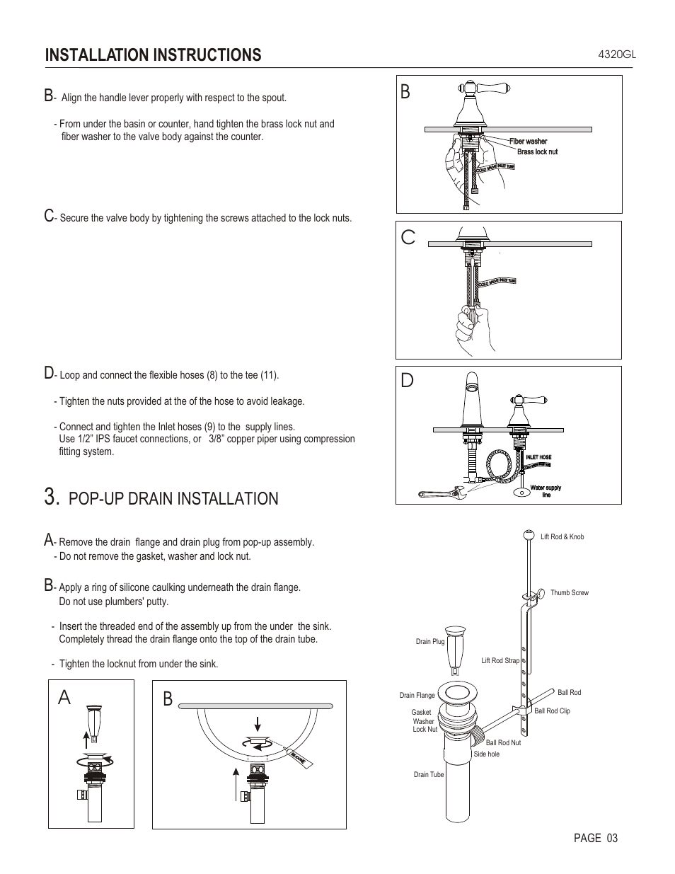 Bc d a b, Pop-up drain installation a, Installation instructions | Santec 4320GL User Manual | Page 3 / 4