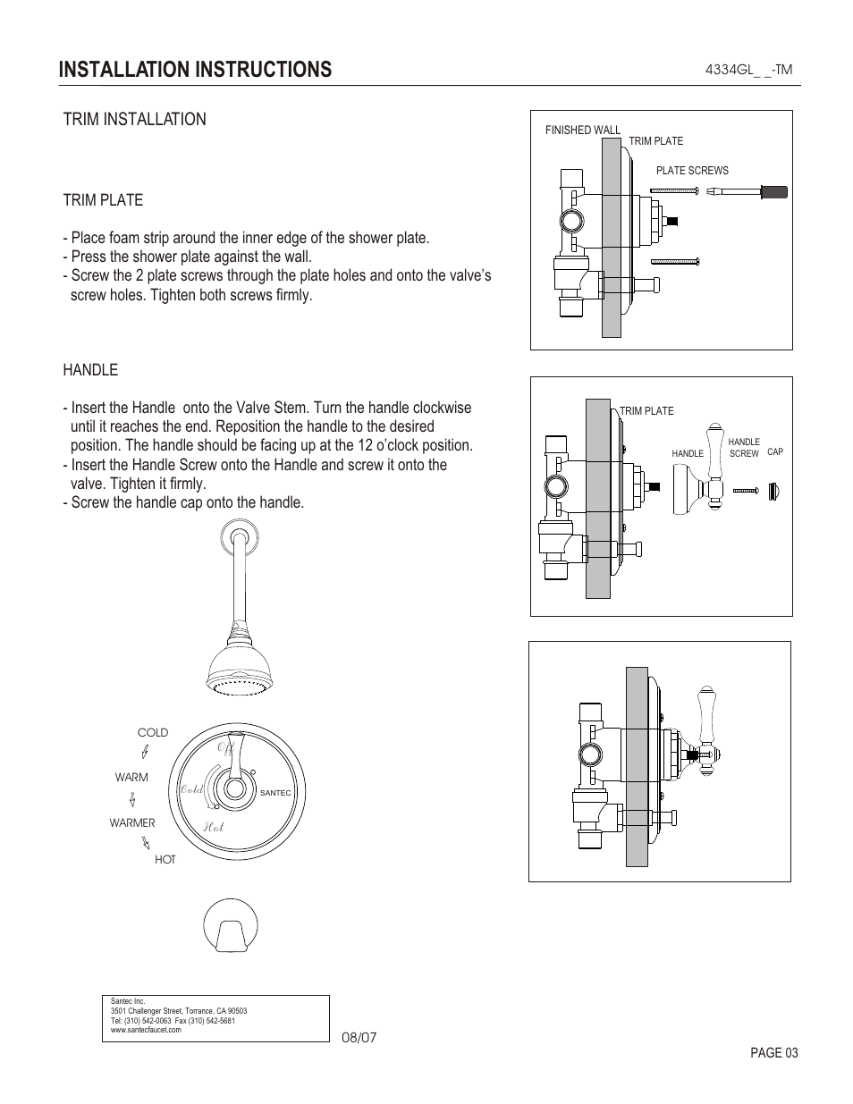 Installation instructions, Trim installation | Santec 4334GL User Manual | Page 3 / 4