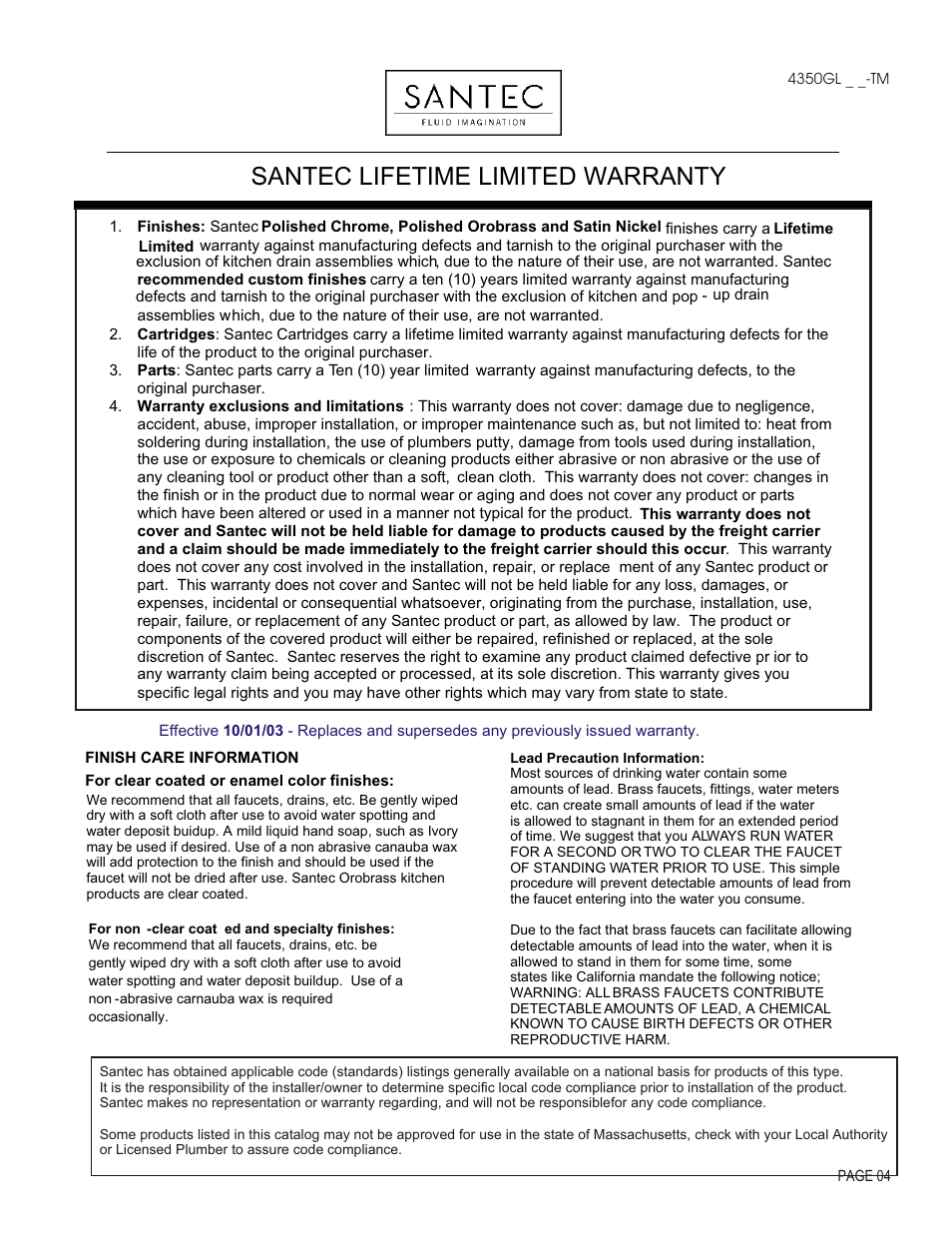 Santec lifetime limited warranty | Santec 4350GL-TM User Manual | Page 4 / 4