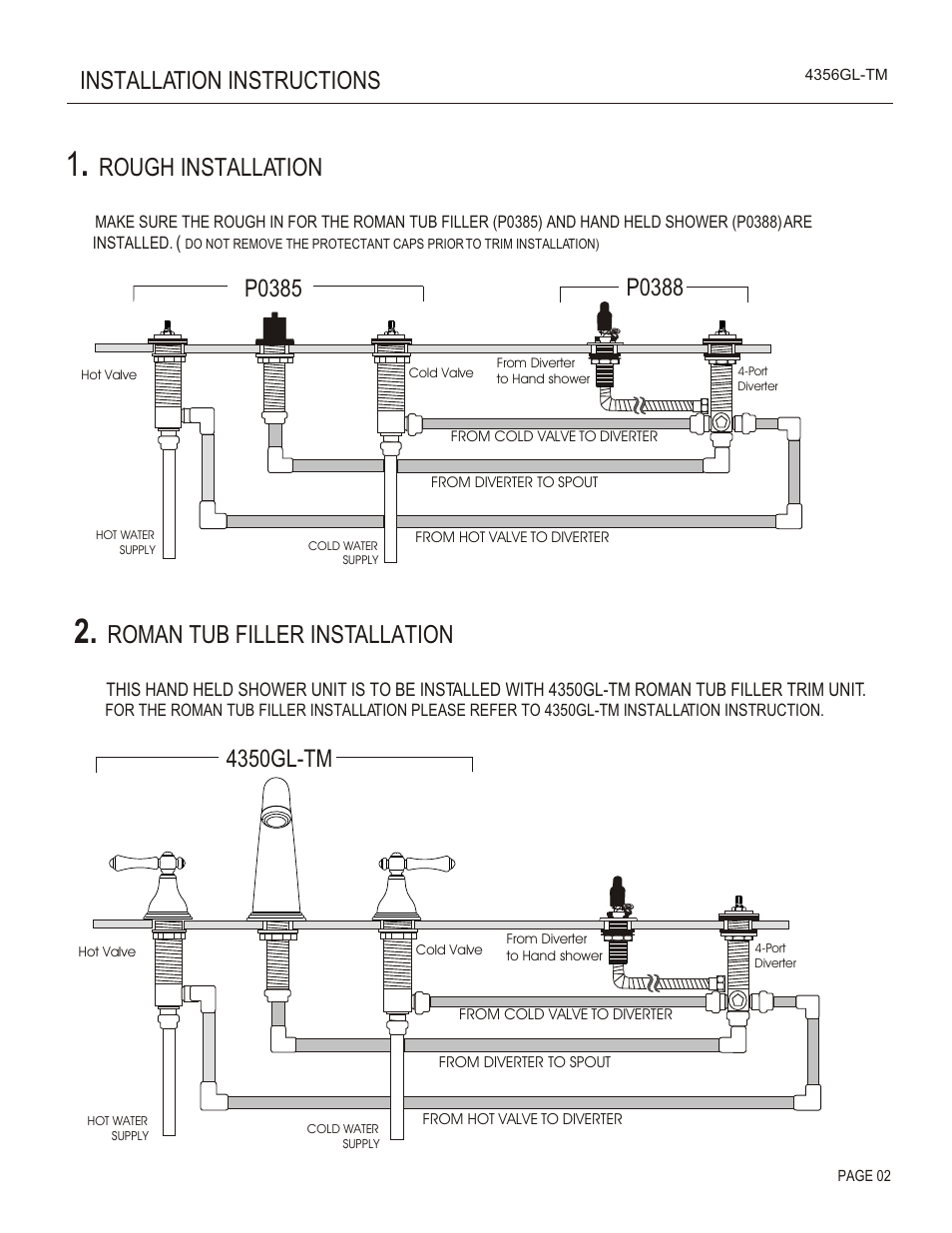 Rough installation, Roman tub filler installation, 4350gl-tm | Santec 4356GL-TM User Manual | Page 2 / 4