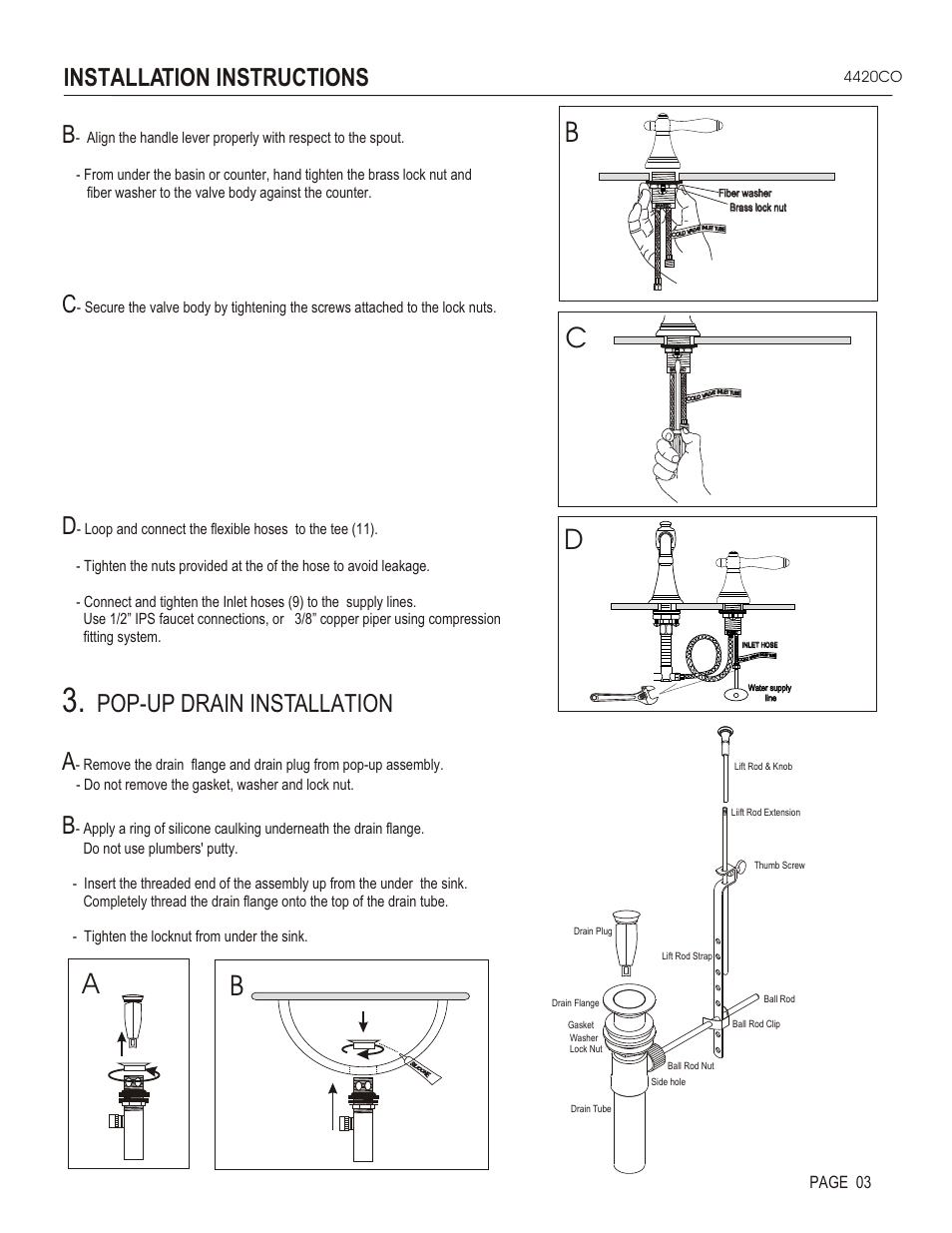 Bc d a b, Pop-up drain installation a, Installation instructions | Santec 4420CO User Manual | Page 3 / 4