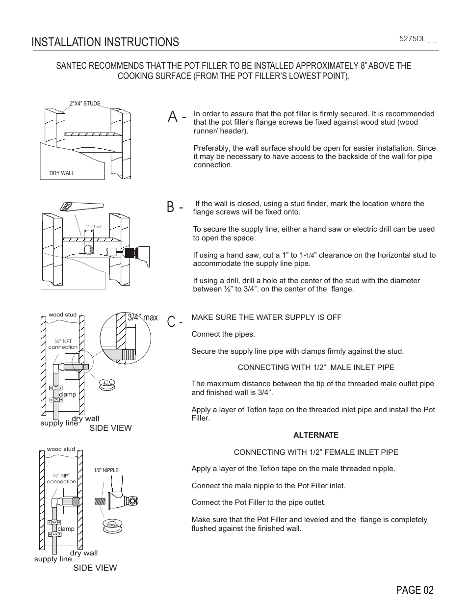 A - b - c, Installation instructions, Page 02 | 3/4” max | Santec 5275DL User Manual | Page 2 / 4