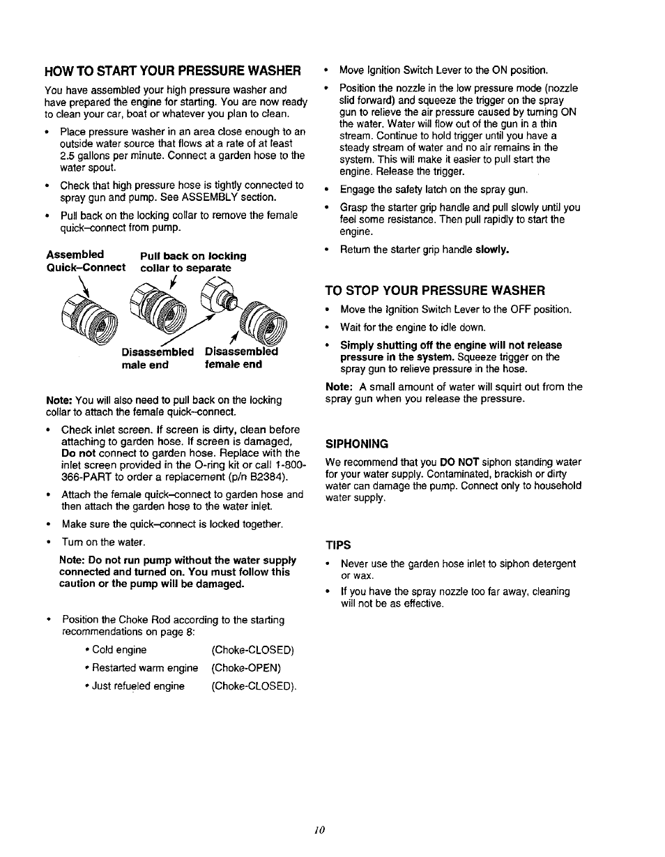 To stop your pressure washer, How to start your pressure washer | Craftsman 580.762010 User Manual | Page 10 / 34