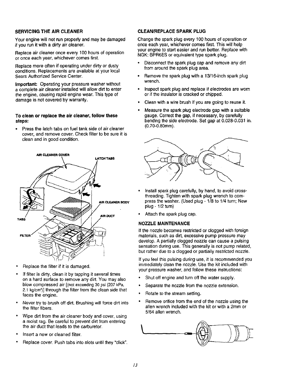 Servicing the air cleaner, Clean/replace spark plug, Nozzle maintenance | Craftsman 580.762010 User Manual | Page 13 / 34