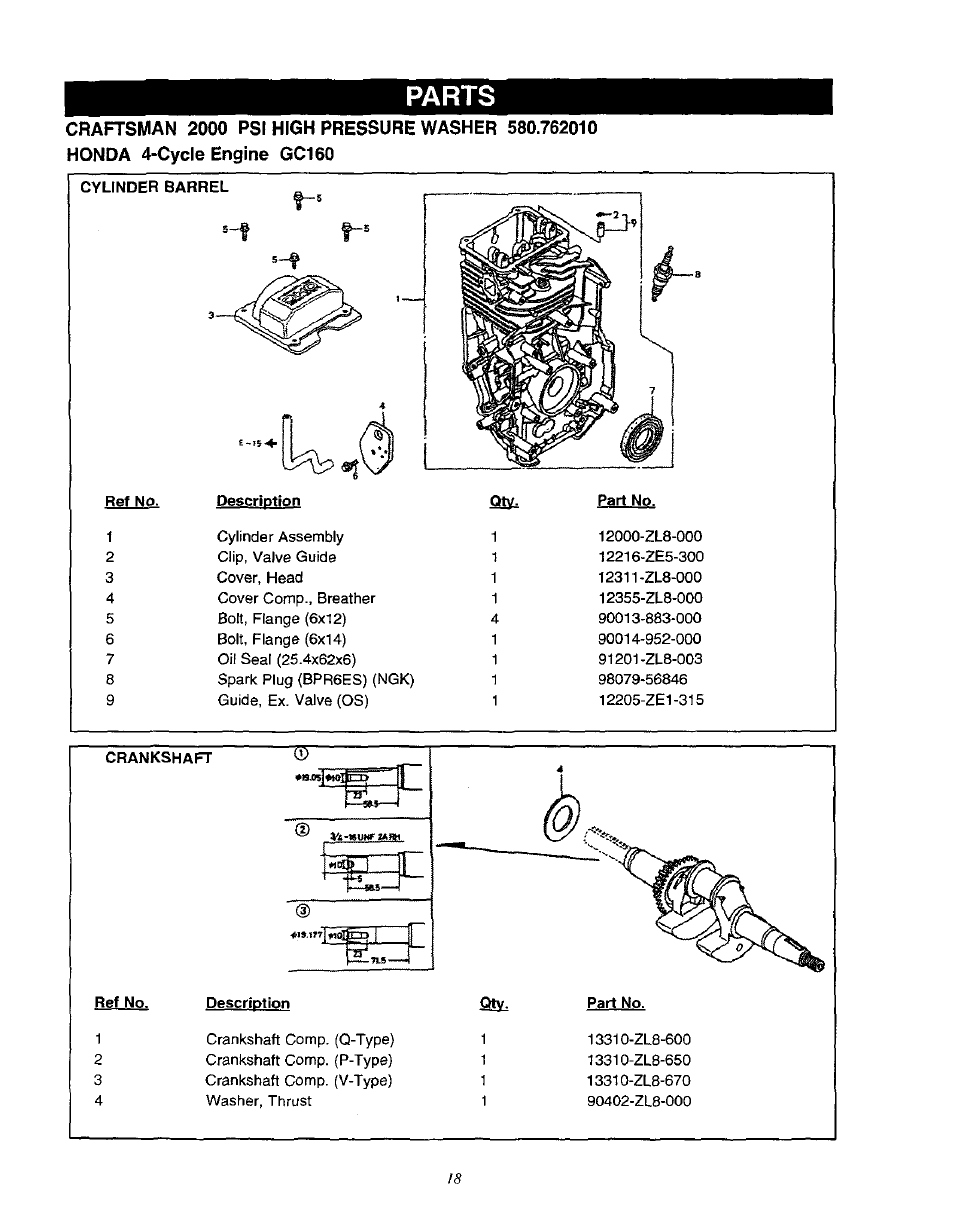 Parts, Cyunder barrel | Craftsman 580.762010 User Manual | Page 18 / 34