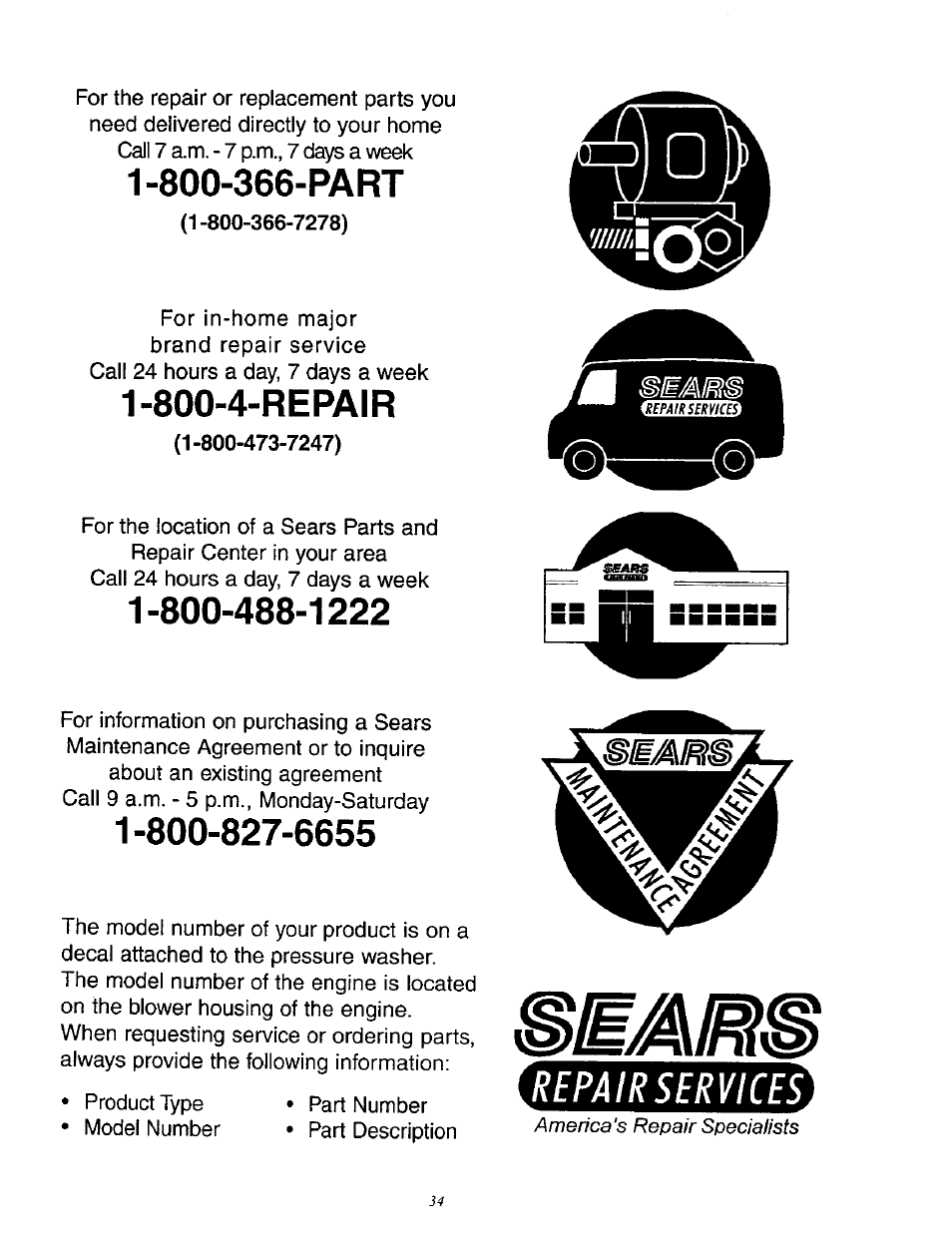 800-366-part, 800-4-repair, Repair services | Craftsman 580.762010 User Manual | Page 34 / 34