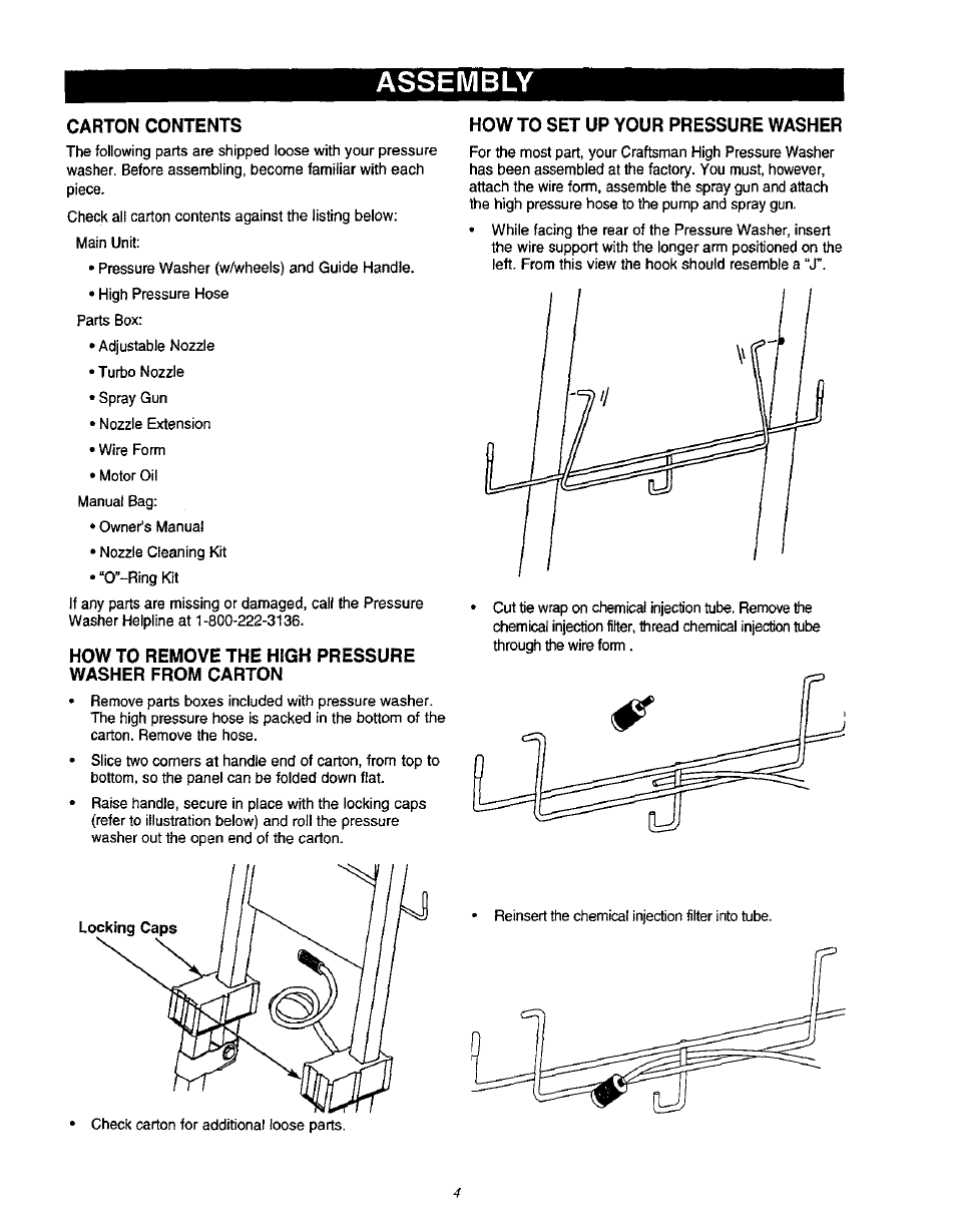 Assembly, Carton contents, How to remove the high pressure washer from carton | Assembly -5 | Craftsman 580.762010 User Manual | Page 4 / 34