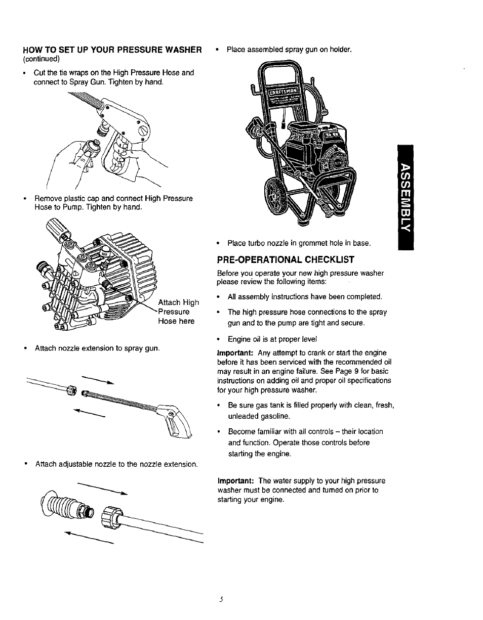 How to set up your pressure washer, Pre'operational checklist | Craftsman 580.762010 User Manual | Page 5 / 34