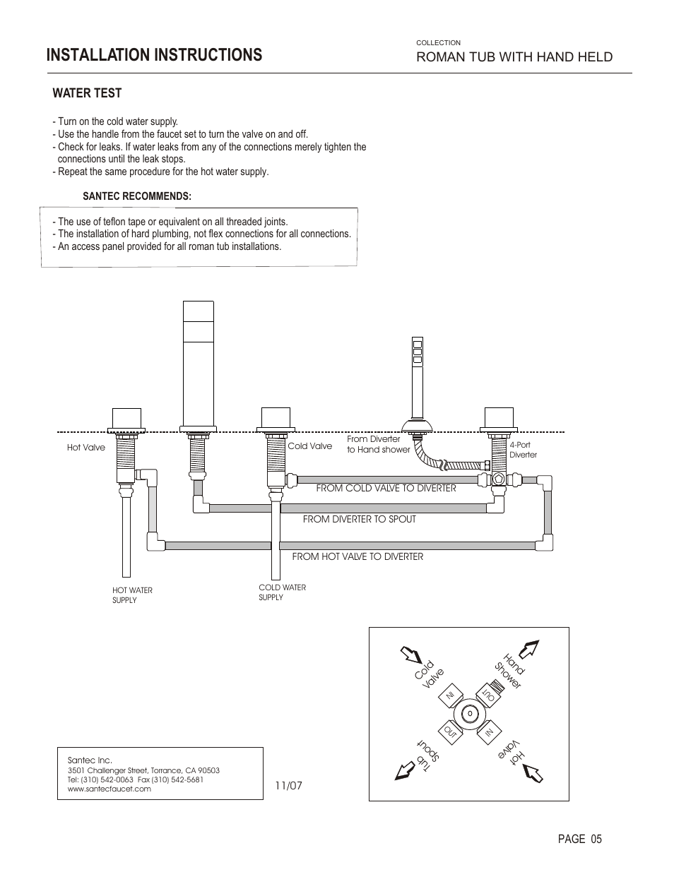 Installation instructions, Water test, Roman tub with hand held | Santec 5655MO User Manual | Page 5 / 6