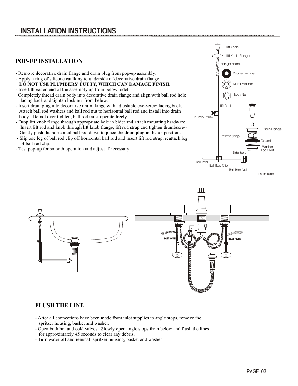 Installation instructions, Pop-up installation, Flush the line | Page 03 | Santec 5670MO User Manual | Page 3 / 4