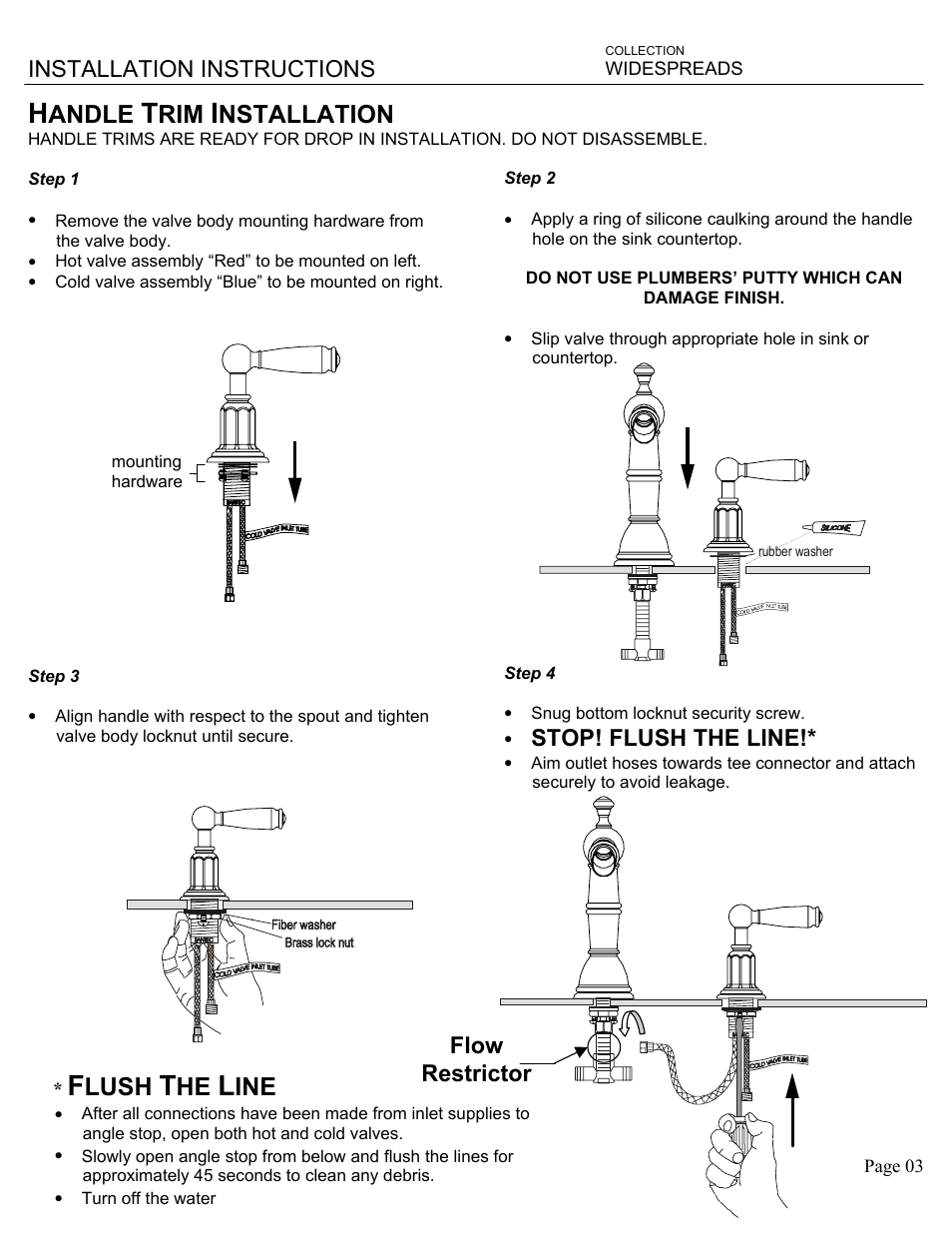 Andle, Nstallation, Lush | Installation instructions, Stop! flush the line, Flow restrictor | Santec 6120EY User Manual | Page 3 / 6
