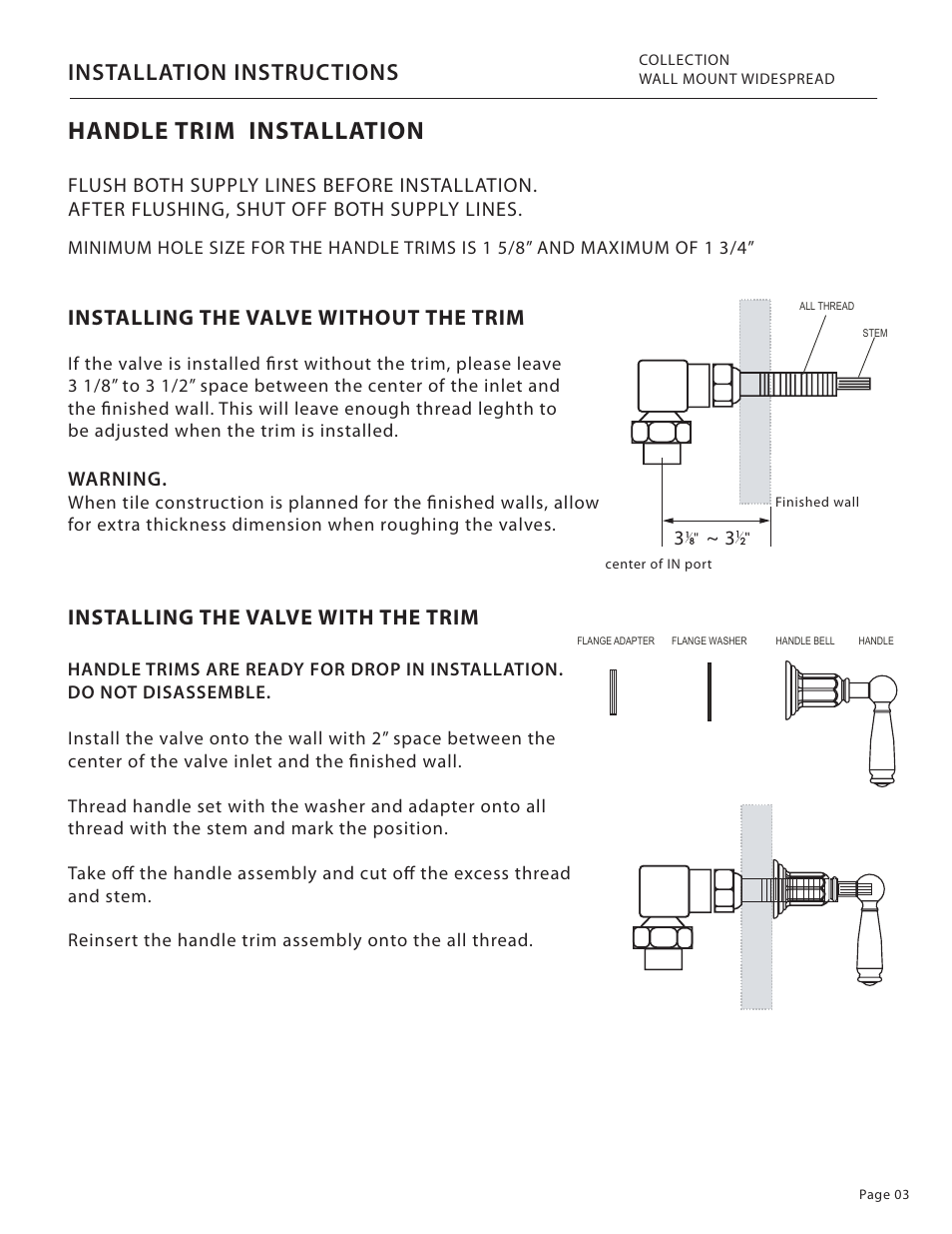 Handle trim installation, Installation instructions, Installing the valve without the trim | Installing the valve with the trim, Warning | Santec 6129EY User Manual | Page 3 / 4