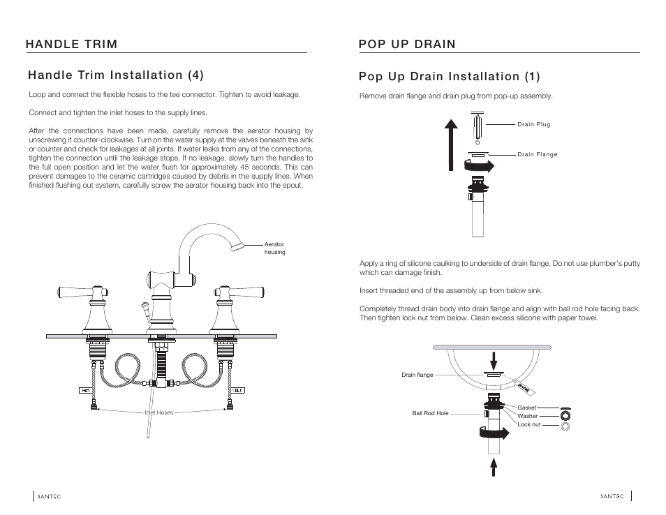 Handle trim installation (4), Pop up drain installation (1), Handle trim pop up drain | Santec 6520VO User Manual | Page 4 / 5