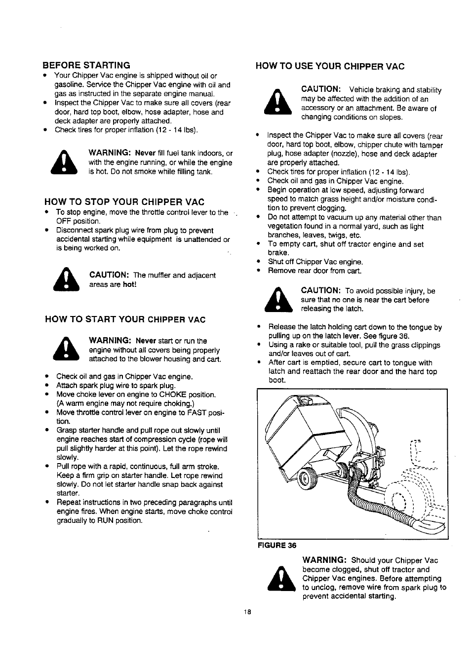 Before starting, How to use your chipper vac, How to stop your chipper vac | Craftsman 486.24515 User Manual | Page 18 / 32