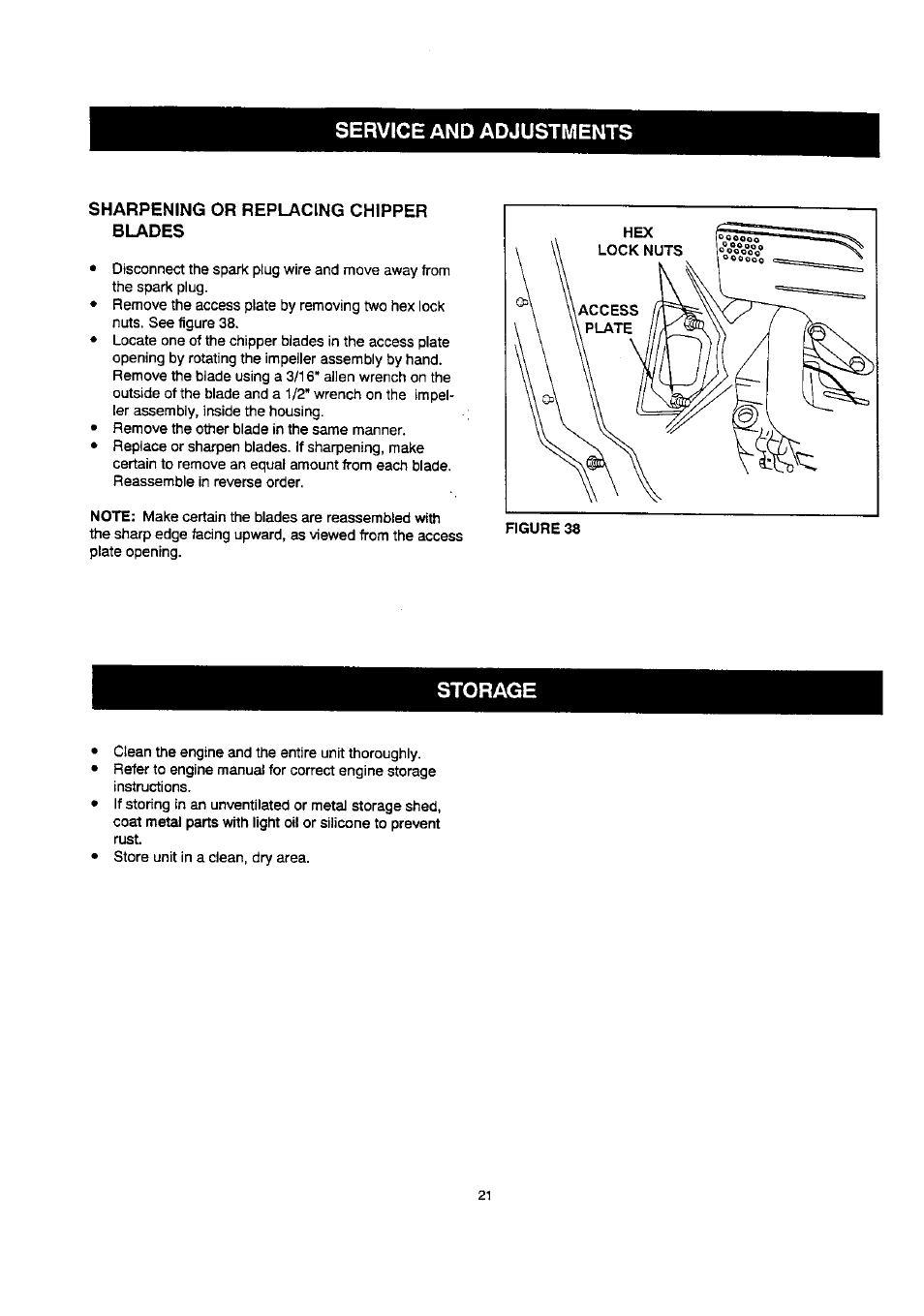 Service and adjustments, Sharpening or replacing chipper blades, Storage | Craftsman 486.24515 User Manual | Page 21 / 32