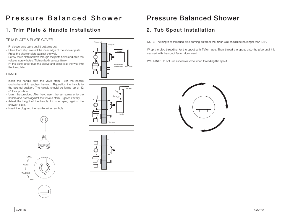 Pressure balanced shower, Trim plate & handle installation, Tub spout installation | Santec 6634BO-TM User Manual | Page 2 / 3