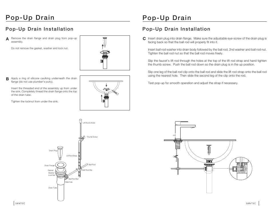 Pop-up drain, Pop-up drain installation, Ca b | Santec 6680BO User Manual | Page 3 / 4