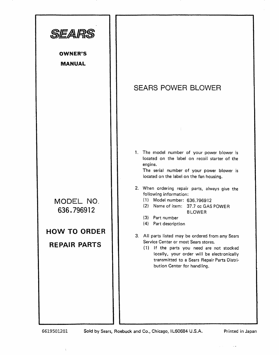 Owner^s, Manual, Model no. 636.796912 | Model no, Sears power blower, How to order repair parts | Craftsman 636.796912 User Manual | Page 18 / 18