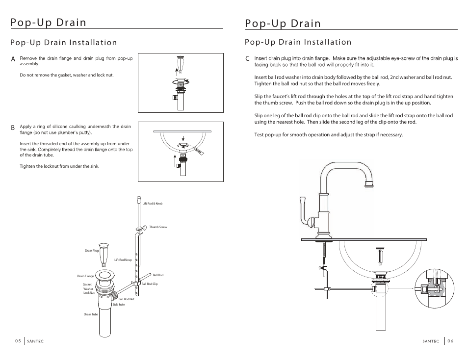 Pop-up drain, Pop-up drain installation, Ca b | Santec 6780AR User Manual | Page 3 / 4