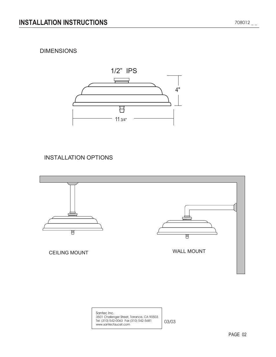 Installation instructions, 1/2” ips | Santec 708012 User Manual | Page 2 / 3