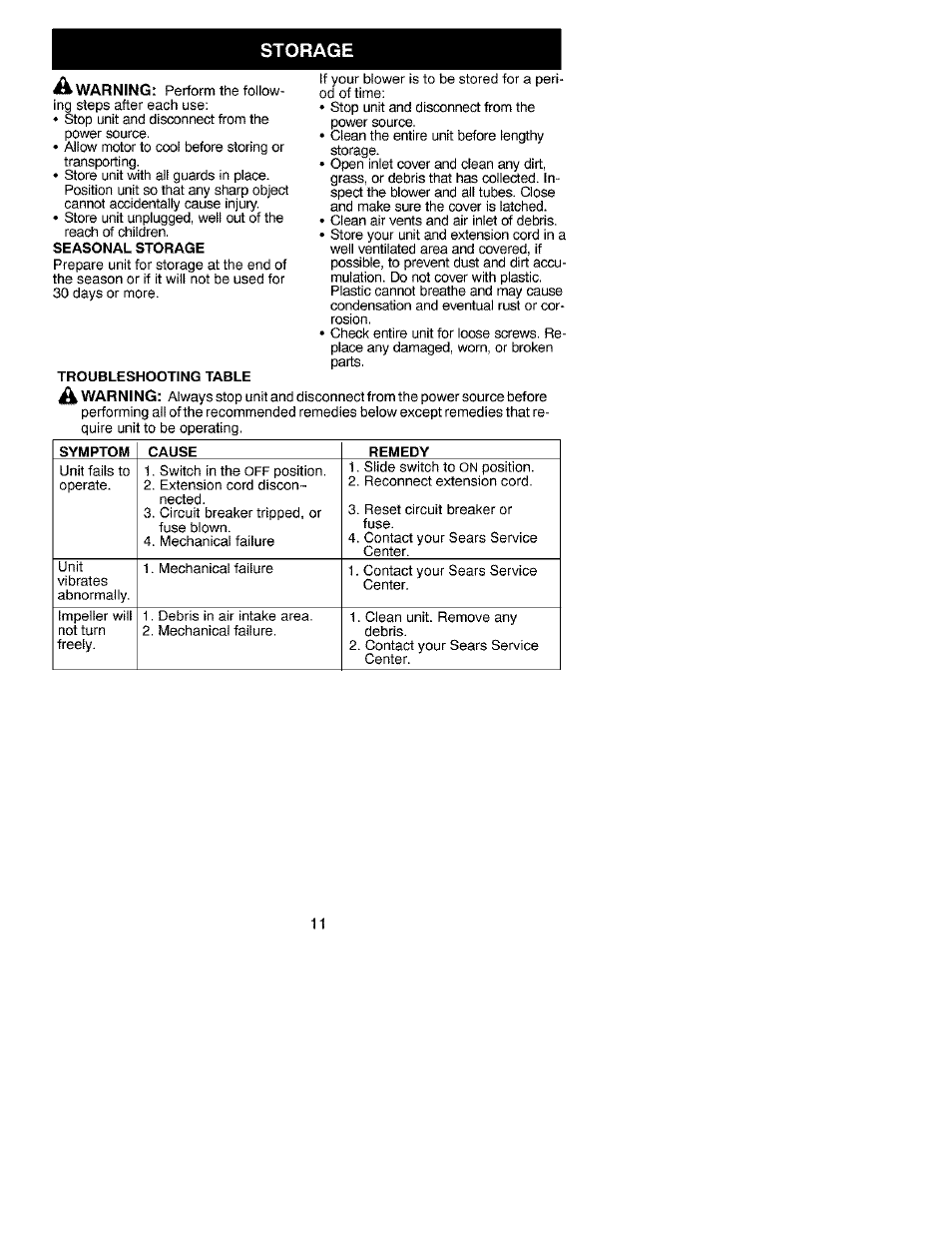 Storage | Craftsman 358.799390 User Manual | Page 11 / 22