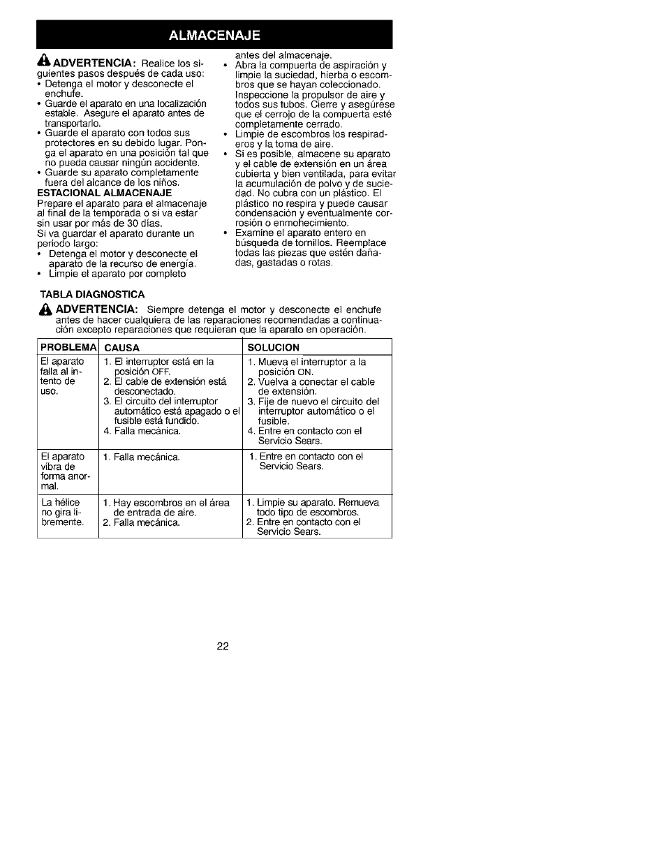 Almacenaje | Craftsman 358.799390 User Manual | Page 22 / 22