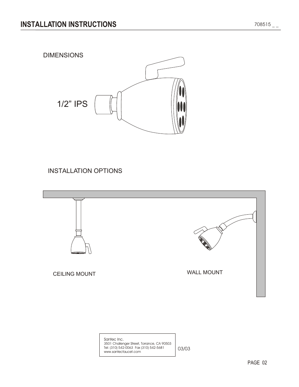 1/2” ips, Installation instructions | Santec 708515 User Manual | Page 2 / 3