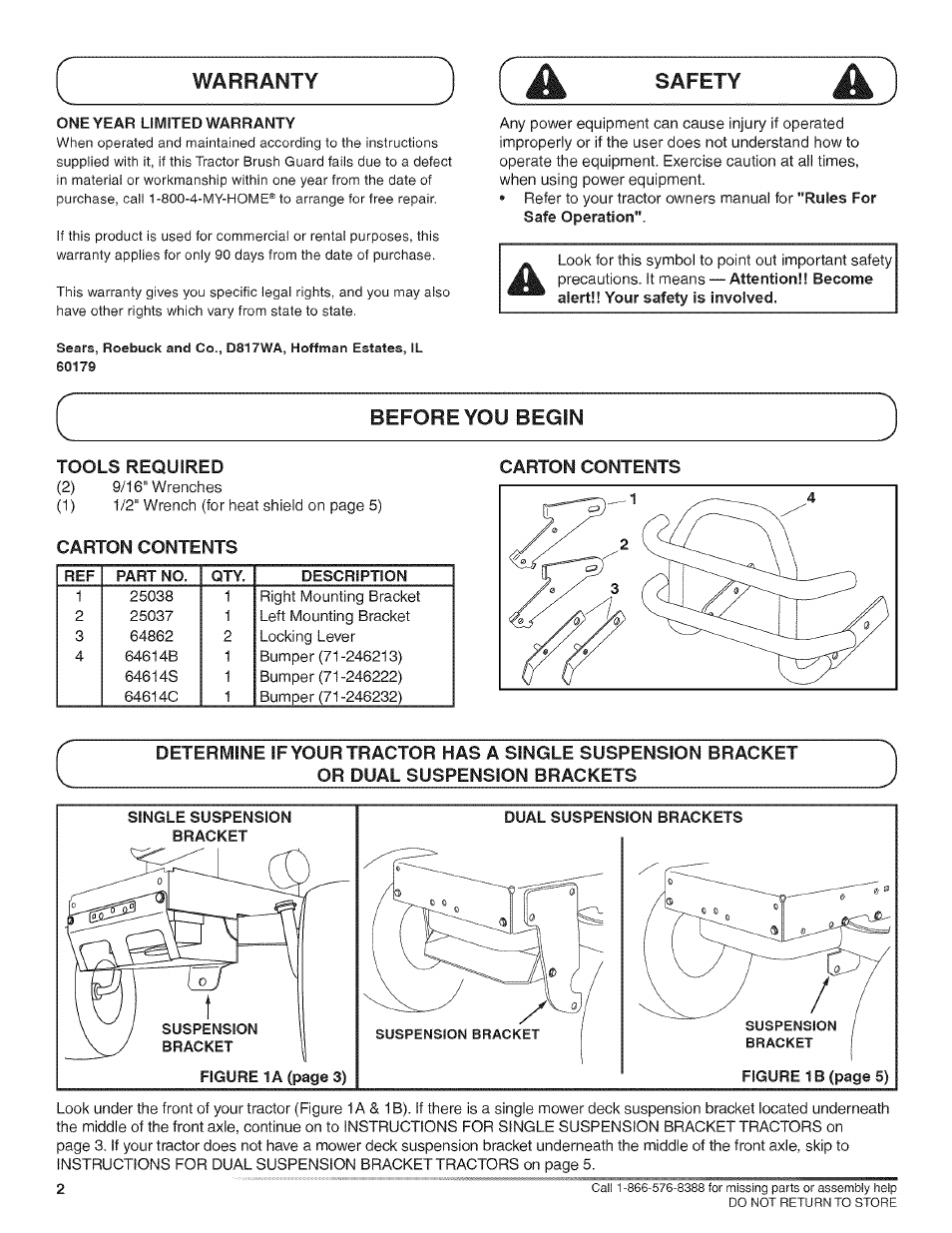 Tools required, Carton contents, Warranty | Safety, Before you begin | Craftsman 486.246232 User Manual | Page 2 / 8