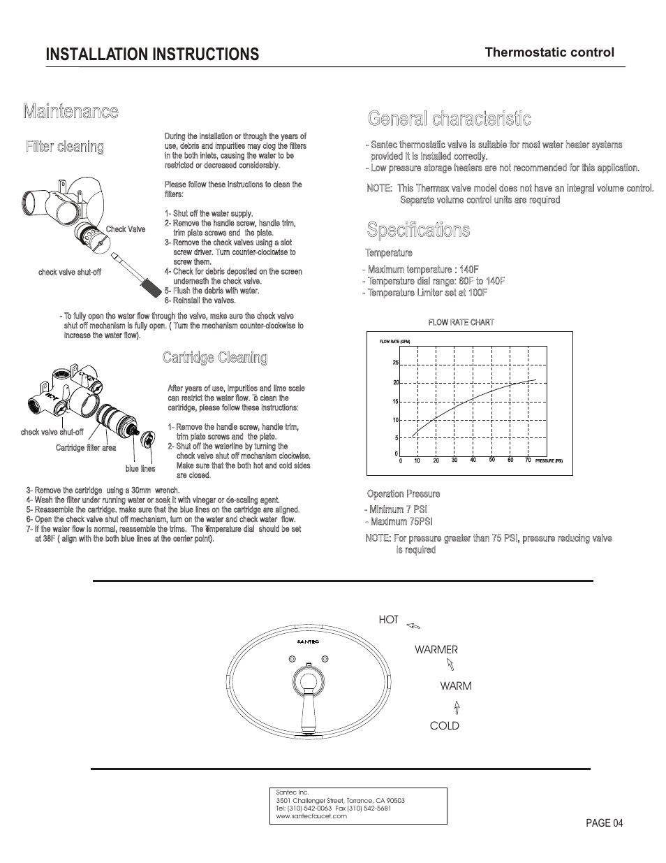 Maintenance, General characteristic, Specifications | Installation instructions, Cleaning, Cartridge cleaning, Filter, Thermostatic control | Santec 7093EC User Manual | Page 4 / 4