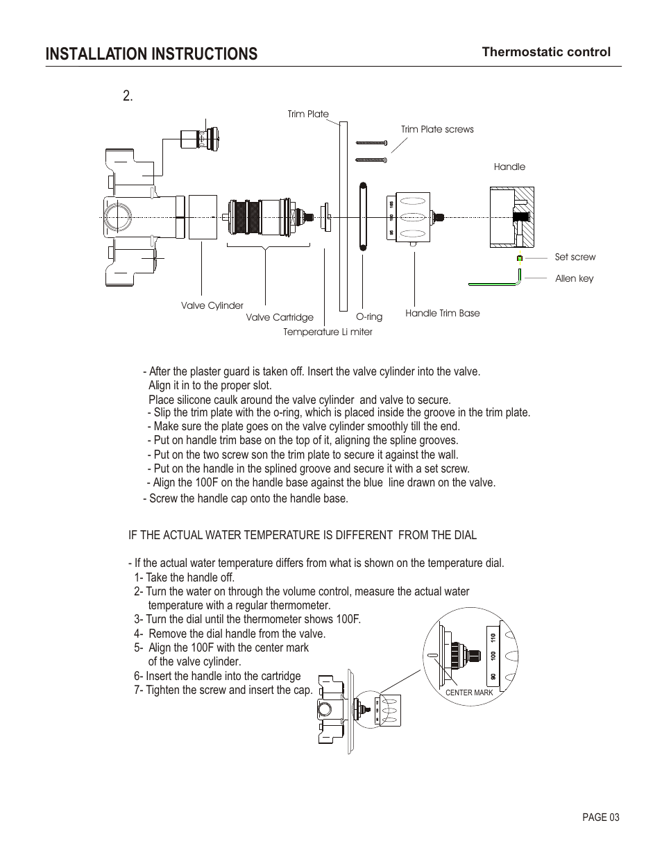 Installation instructions, Thermostatic control, Page 03 | Handle set screw allen key | Santec 7093EM User Manual | Page 3 / 4