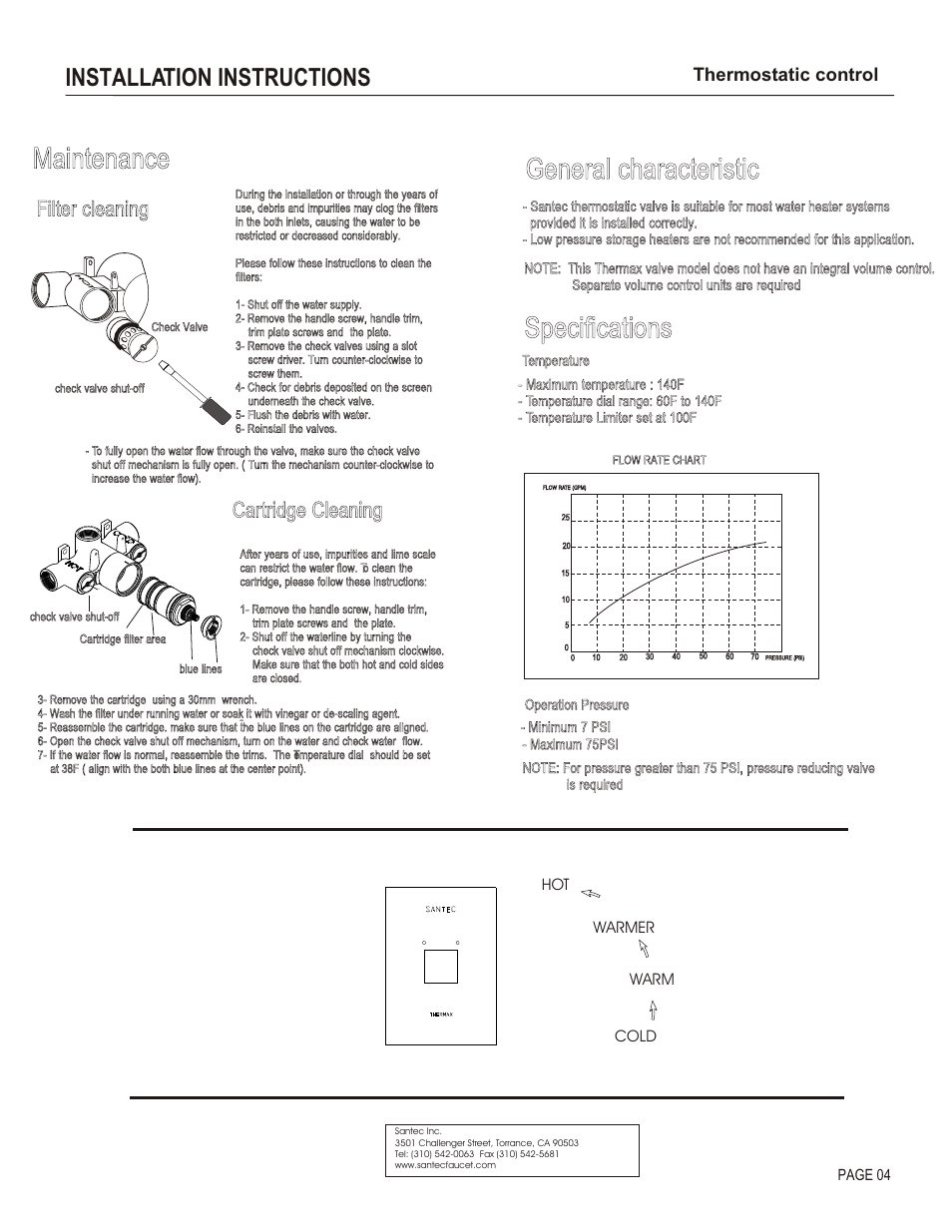 Maintenance, General characteristic, Specifications | Installation instructions, Cleaning, Cartridge cleaning, Filter, Thermostatic control | Santec 7093EM User Manual | Page 4 / 4