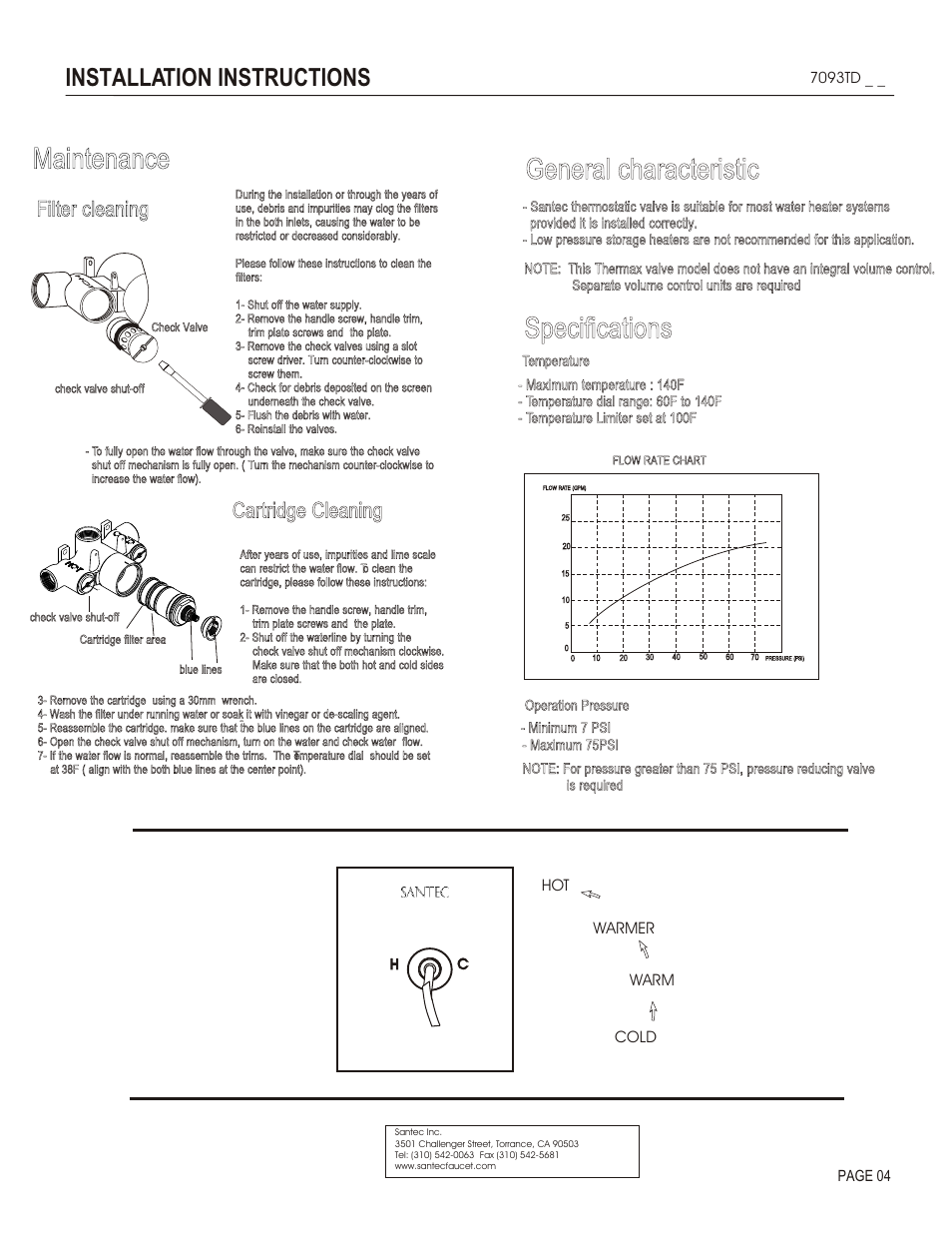 Maintenance, General characteristic, Specifications | Installation instructions, Cleaning, Cartridge cleaning, Filter | Santec 7093TD User Manual | Page 4 / 4