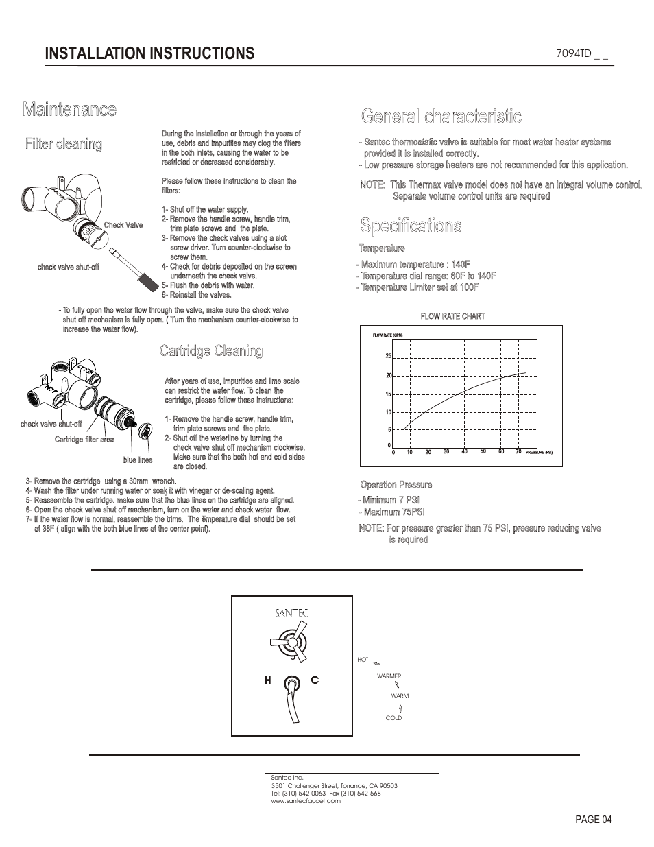 Maintenance, General characteristic, Specifications | Installation instructions, Cleaning, Cartridge cleaning, Filter | Santec 7094TD User Manual | Page 4 / 4