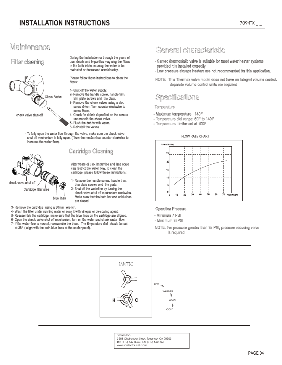 Maintenance, General characteristic, Specifications | Installation instructions, Cleaning, Cartridge cleaning, Filter | Santec 7094TX User Manual | Page 4 / 4