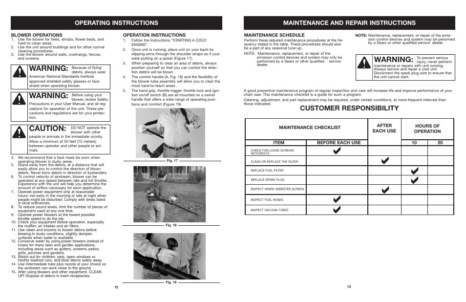 Caution, Warning, Customer responsibility | Craftsman 316.794991 User Manual | Page 12 / 42