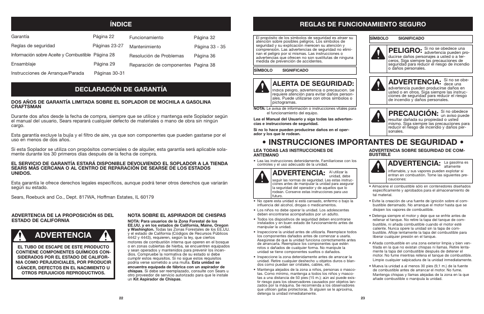 Advertencia, Instrucciones importantes de seguridad, Peligro | Precaución, Alerta de seguridad, Reglas de funcionamiento seguro, Índice, Declaración de garantía | Craftsman 316.794991 User Manual | Page 23 / 42