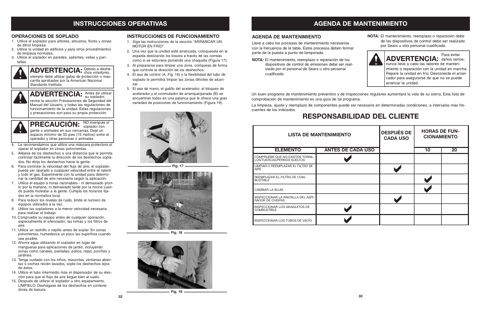 Precaución, Advertencia, Responsabilidad del cliente | Agenda de mantenimiento instrucciones operativas | Craftsman 316.794991 User Manual | Page 33 / 42