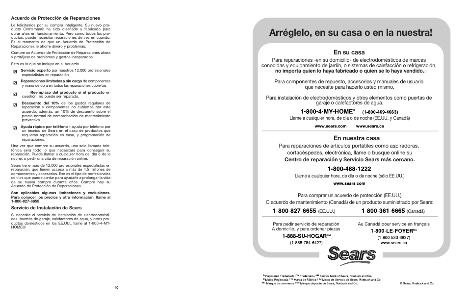 Arréglelo, en su casa o en la nuestra, En su casa, En nuestra casa | Craftsman 316.794991 User Manual | Page 40 / 42