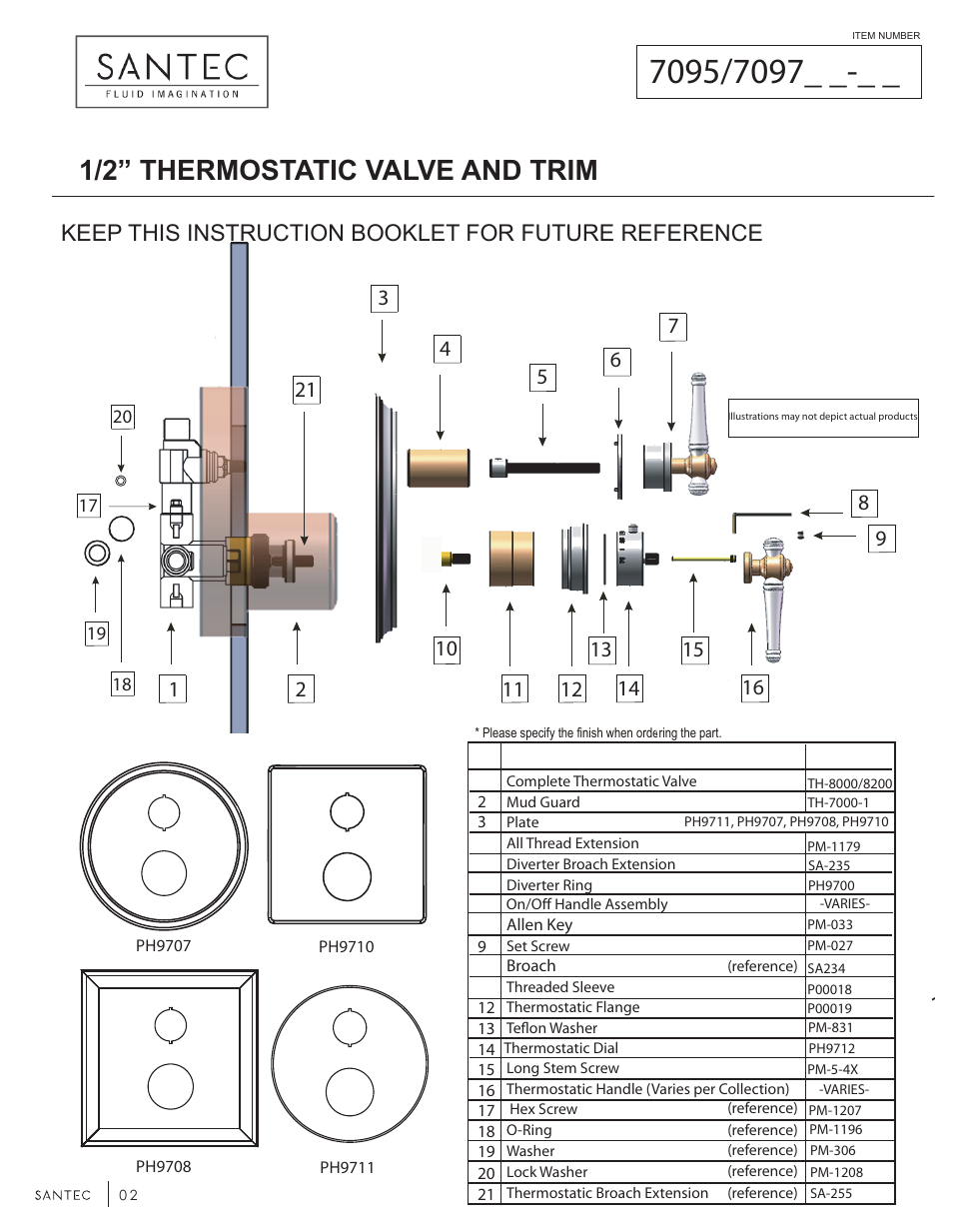 1/2” thermostatic valve and trim, Keep this instruction booklet for future reference | Santec 7097..-TM User Manual | Page 2 / 6