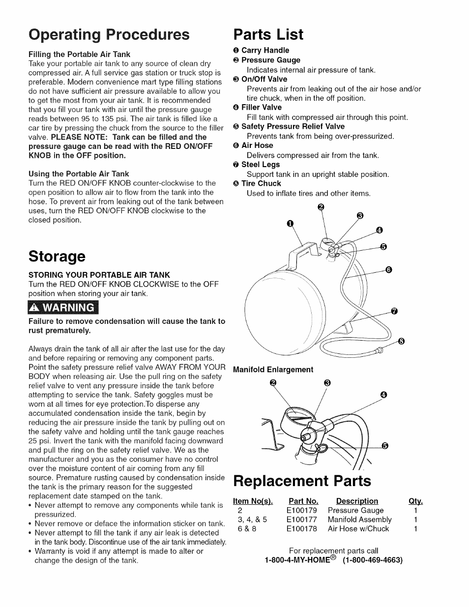 A warning, Operating procedures parts list storage, Replacement parts | Craftsman Model 15201 User Manual | Page 2 / 2